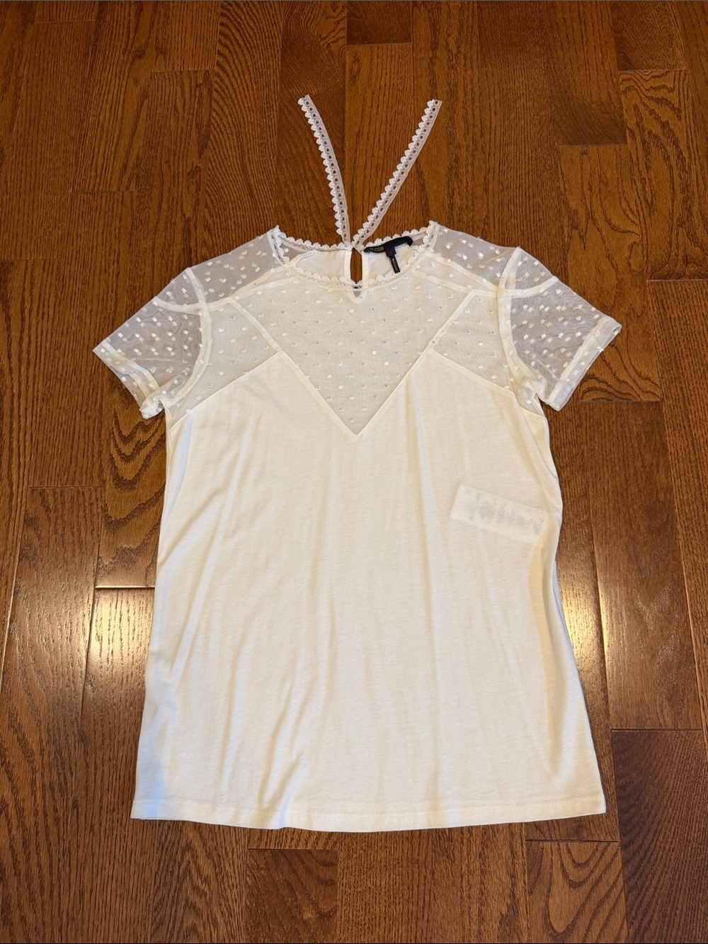 Maje White Short Sleeve Lace Yoke Tee